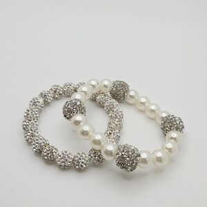 Disco Ball Rhinestone Bracelets Faux Pearl Silver Tone Bracelet Duo 6.5